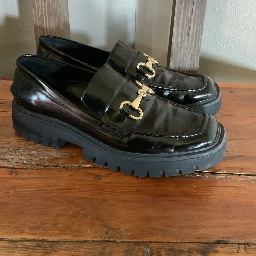 Open Edit Black Patent Leather chunky Loafers with Gold Buckle size 9.5